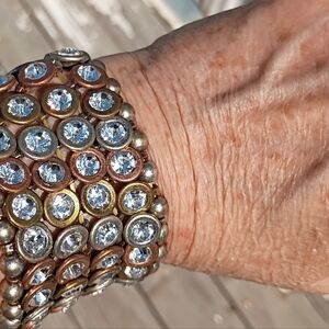 Wide Bracelet Chunky Statement Jewel Bedazzled Mixed Metal Stretch Office Casual